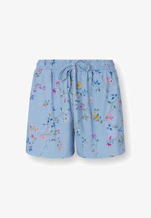 Lichtblauwe shorts met elastische taille en trekkoord, versierd met een kleurrijk delicaat bloemenpatroon en kleine blaadjes.