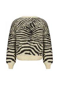 Gebreide trui met een zebrapatroon in zwart en roomkleur. Ronde halslijn, lange mouwen en ribgebreide onderkant en manchetten. Zachte textuur.