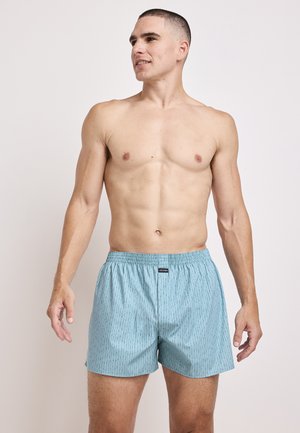 Hellblaue Boxershorts mit vertikalem Streifenmuster aus weichem Stoff. Verfügen über einen elastischen Bund und ein kleines Logoschild.