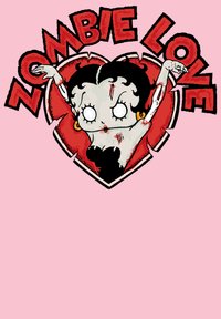 Personaggio zombie in stile cartone animato all'interno di un cuore rosso, con contorni neri, su uno sfondo rosa. Il testo recita "ZOMBIE LOVE" in lettere nere in grassetto.