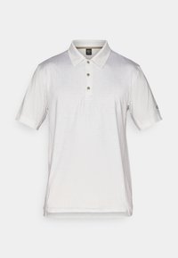 Kurzarm-Polohemd in Hellgrau mit dezentem Karomuster, drei Knöpfen und klassischem Kragen. Verfügt über ein schwarzes Etikett und Seitenbelüftungen.