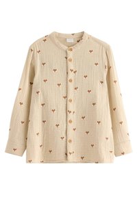 Beige Hemd mit langen Ärmeln, aus strukturiertem Stoff mit wiederholtem Fuchs-Muster in Braun und Weiß. Holzknöpfe auf der Vorderseite.