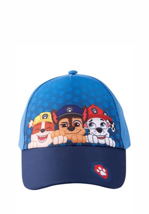 Blue children's cap featuring three cartoon dogs from Paw Patrol wearing hats, with a paw print pattern and a shield logo on the brim.