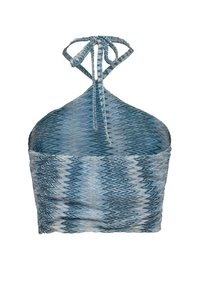 Top corto con collo all'italiana in sfumature di blu, caratterizzato da un motivo a zigzag testurizzato e una chiusura regolabile con lacci sul retro.