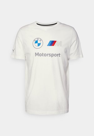 Bílý bavlněný tričko s logy BMW a Motorsport v modré, červené a šedé barvě. Design s kulatým výstřihem a krátkými rukávy, minimální textura.