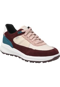 Sneakers con una tomaia in suede color bordeaux, pannelli sintetici color crema, dettagli color teal e lacci beige. Presentano una suola bianca testurizzata.