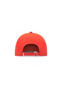 Red cap with a curved brim, adjustable strap at the back, and fabric texture. Single top button and ventilation holes are visible.