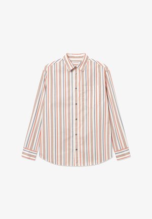 Chemise à rayures à manches longues en pêche, bleu et blanc. Comprend un col, un devant boutonné, une poche poitrine unique et des rayures contrastantes au niveau des poignets.