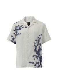 Kurzarmpf shirt aus Leinen in Weiß, mit einem blauen Blattmuster auf der linken Seite. Durchgehende Knopfleiste mit spitzem Kragen.