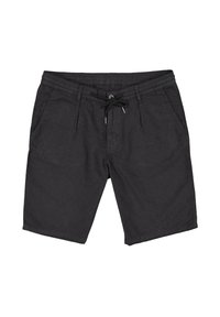 Black linen shorts featuring a drawstring waist, two side pockets, and a relaxed fit. The fabric has a smooth texture with subtle creases.