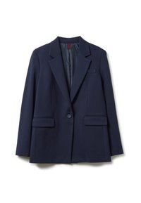 Blazer navy in tessuto liscio, con revers a punta, chiusura a un bottone, due tasche frontali e spacco posteriore per facilitare il movimento.