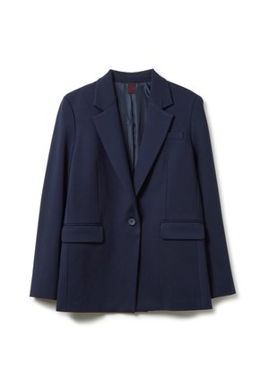 Blazer marine en tissu lisse, doté de revers à crans, d'une fermeture à un bouton, de deux poches avant et d'une fente au dos pour plus de liberté de mouvement.