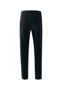 Jeans de mezclilla negra con pierna recta, que cuentan con dos bolsillos traseros y una cintura estándar. La tela tiene una textura suave sin patrones visibles.