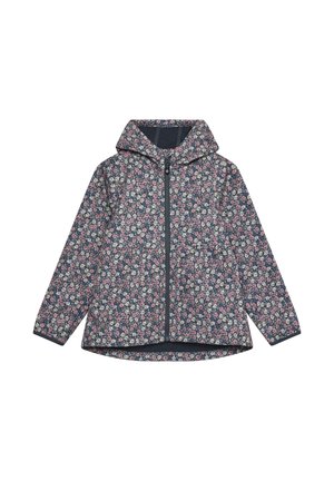 Kurtka w kwiaty na granatowym tle, z kapturem, zamkiem błyskawicznym z przodu oraz wzorem różowych i białych kwiatów na miękkim materiale.