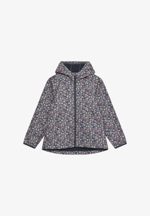 Florale Jacke mit marineblauem Hintergrund, mit Kapuze, Frontreißverschluss und pinken sowie weißen Blumenmustern auf weichem Material.