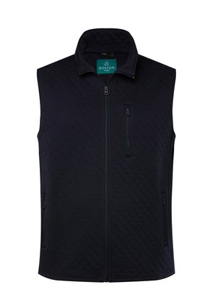 Gequiltede marineblauwe vest met een opstaande kraag, een ritssluiting aan de voorkant en twee ritszakken aan de zijkant. Kenmerkt zich door een soepele textuur en een minimalistisch ontwerp.