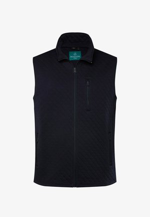 Gestepptes marineblaues Weste mit Stehkragen, Frontreißverschluss und zwei seitlichen Reißverschlusstaschen. Hat eine glatte Textur und ein minimalistisches Design.