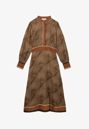 Robe midi à manches longues avec motif peau de serpent marron et beige, col boutonné et bordure contrastante marron aux poignets, à la taille et à l'ourlet.