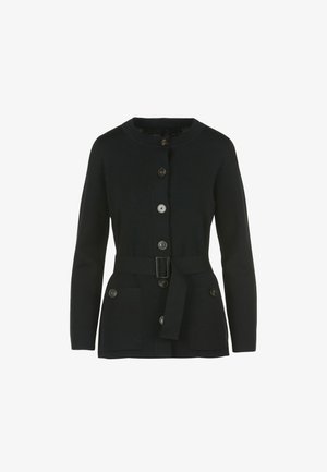 Zwarte lange mouw cardigan met ronde halslijn, voorknopen, twee voorzakken en een bijpassende riem met rechthoekige gesp.