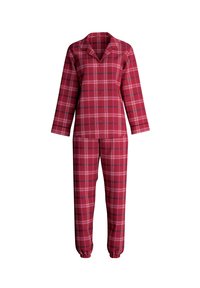 Rot karierte Schlafanzug-Set mit einem Knöpfen-Oberteil mit langen Ärmeln und einem Kragen sowie Jogginghosen mit elastischen Bündchen und Kordelzug. Weicher Stoff.