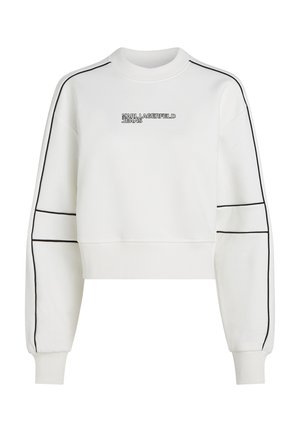 Balta trumpa džemperis su juodomis siūlėmis ant rankovių, su "Karl Lagerfeld Jeans" logo priekyje ir raštuotais kaklu bei rankovėmis.