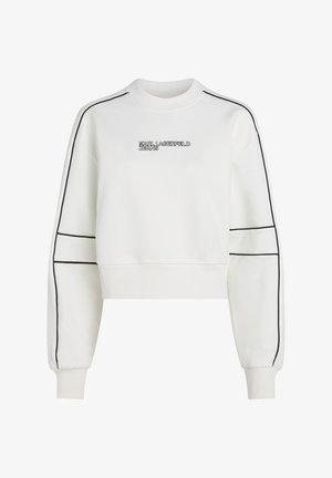 Bijeli skraćeni dukserica s crnim obrubima uz rukave, s logotipom "Karl Lagerfeld Jeans" na prednjoj strani te rebrastim izrezom i manžetama.