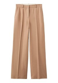 Pantalones de pierna ancha color beige con una textura suave, dos bolsillos frontales y una cinturilla estándar. Presentan pliegues nítidos a lo largo del frente.