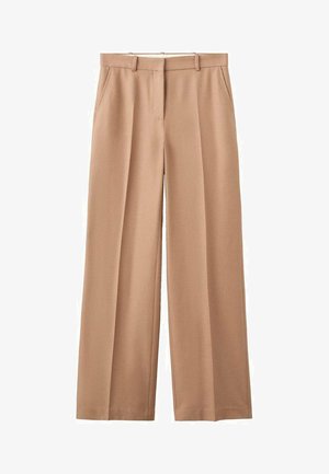 Beige wide-leg trousers with a smooth texture, two front pockets, and a standard waistband. Features crisp pleats along the front.
