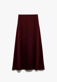 Burgunder midi-nederdel lavet af glat stof, med en svingende design og en elastisk talje for komfort. Enkelt uden synlige mønstre.
