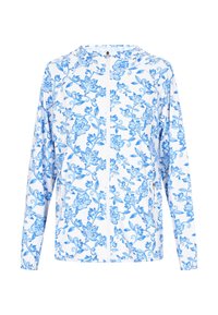 Jachetă cu glugă din țesătură albă, cu modele florale albastre, prevăzută cu fermoar frontal, mâneci lungi și buzunare laterale.
