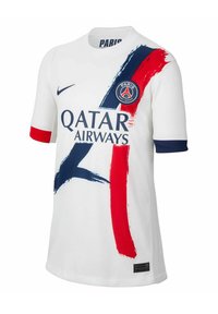 Maillot blanc à manches courtes avec des accents de coups de pinceau rouges et bleus, arborant le logo "Paris" et le texte "Qatar Airways" en marine.