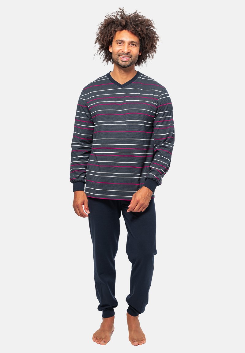 Marinblå randig långärmad skjorta med vita och rosa linjer, tillsammans med marinblå sweatpants. Tillverkad av bomull, avslappnad passform och ribbade ärmslut.