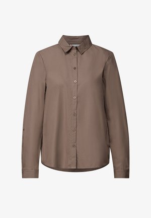 Langärmliges taupefarbenes Hemd mit Kragen und vorderer Knopfleiste, schlichtes Design und leicht abgerundhem Saum.