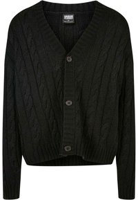 Svart kabelstickad cardigan med V-hals och fyra bruna knappar fram. Har långa ärmar och en kortad nederkant. Strukturerad stickad mönster.