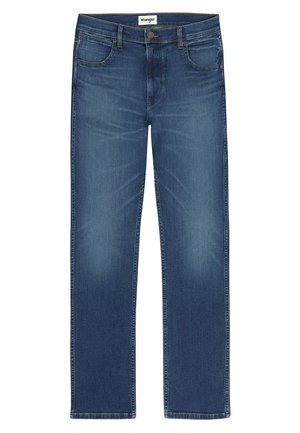 Donkerblauwe denim jeans met een rechte snit, vijf zakken en zichtbare stiksels. Bevat een voorknoop en ritssluiting.