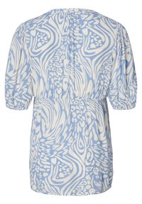 Blau-weiß gemusterte Bluse mit lockerer Passform, die Puffärmel und eine Taillennaht hat. Weicher, leichter Stoff mit fließendem Design.