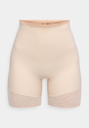 Shorts gaines beiges taille haute avec bordure en dentelle florale sur les jambes, conçus pour un modelage lisse et un confort optimal.
