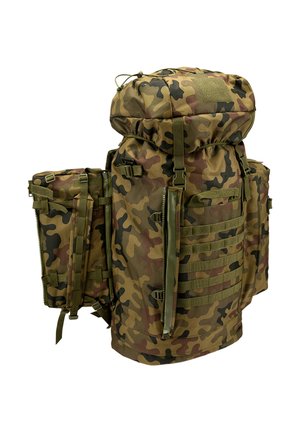 Grote militaire rugzak met camouflageprint, meerdere vakken, riemen en gespen, ontworpen voor zwaar buitengebruik.