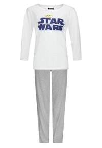 Biały top z długim rękawem z niebieską grafiką "STAR WARS" oraz postacią z kreskówki, zestawiony z jasnoszarymi bawełnianymi spodniami. Prosty, codzienny design.