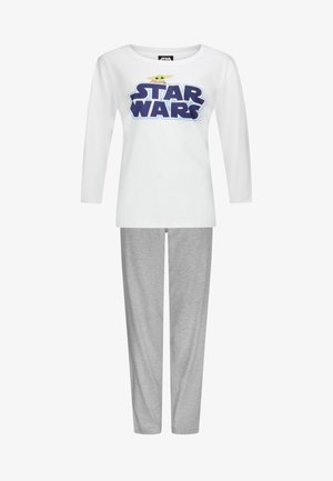 Weißes Langarmshirt mit einem blauen "STAR WARS"-Grafik und einem Cartoon-Charakter, kombiniert mit hellgrauen Baumwollhosen. Einfaches, lässiges Design.