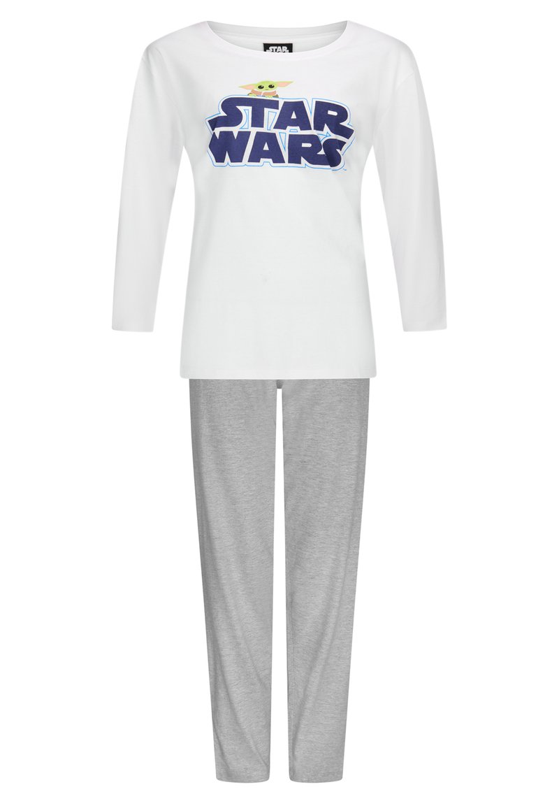 Biały top z długim rękawem z niebieską grafiką "STAR WARS" oraz postacią z kreskówki, zestawiony z jasnoszarymi bawełnianymi spodniami. Prosty, codzienny design.