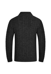 Dunkelgrauer kabelgestrickter Pullover mit geripptem Saum und Kragen. Besitzt ein strukturiertes Muster aus verdrehten Stichen auf dem Rücken. Mit langen Ärmeln.