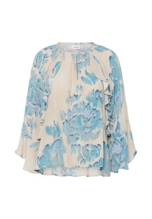 Light beige blouse with blue abstract floral patterns, ruffled long sleeves, and a small keyhole neckline button closure.