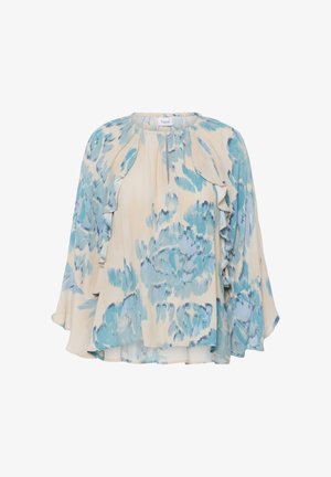 Hellbeige Bluse mit blauen abstrakten Blumenmustern, langen, gerafften Ärmeln und kleinem Schlüssellochausschnitt mit Knopfverschluss.