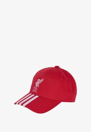 Red baseball cap with white Liverpool FC liver bird logo and three white stripes on the brim.