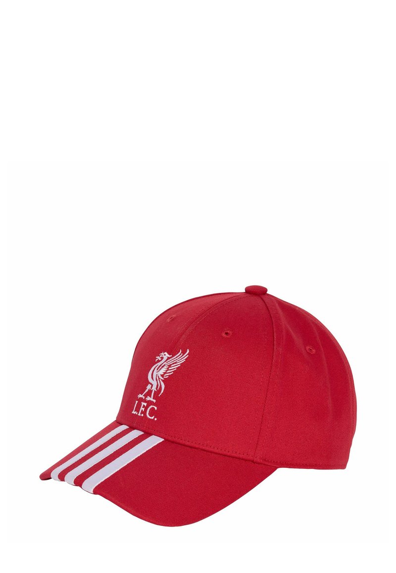 Casquette de baseball rouge avec le logo de l'oiseau de Liverpool FC en blanc et trois rayures blanches sur le bord.