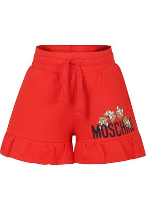 Røde shorts med flæser, elastisk talje og snøre, med Moschino-mærket og fire bamseillustrationer på højre forside.