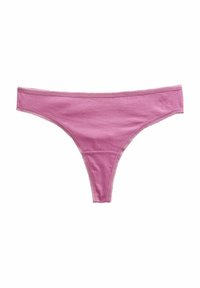 Pink cotton thong with a smooth texture, featuring a narrow waistband and delicate edge trim. Minimalist design, no additional patterns.