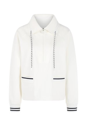 White pullover jacket with a zippered front, stand collar, navy accent stripes on pockets and cuffs, and drawstrings for adjustable fit.