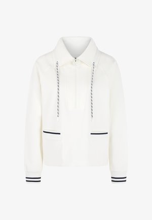 White pullover jacket with a zippered front, stand collar, navy accent stripes on pockets and cuffs, and drawstrings for adjustable fit.